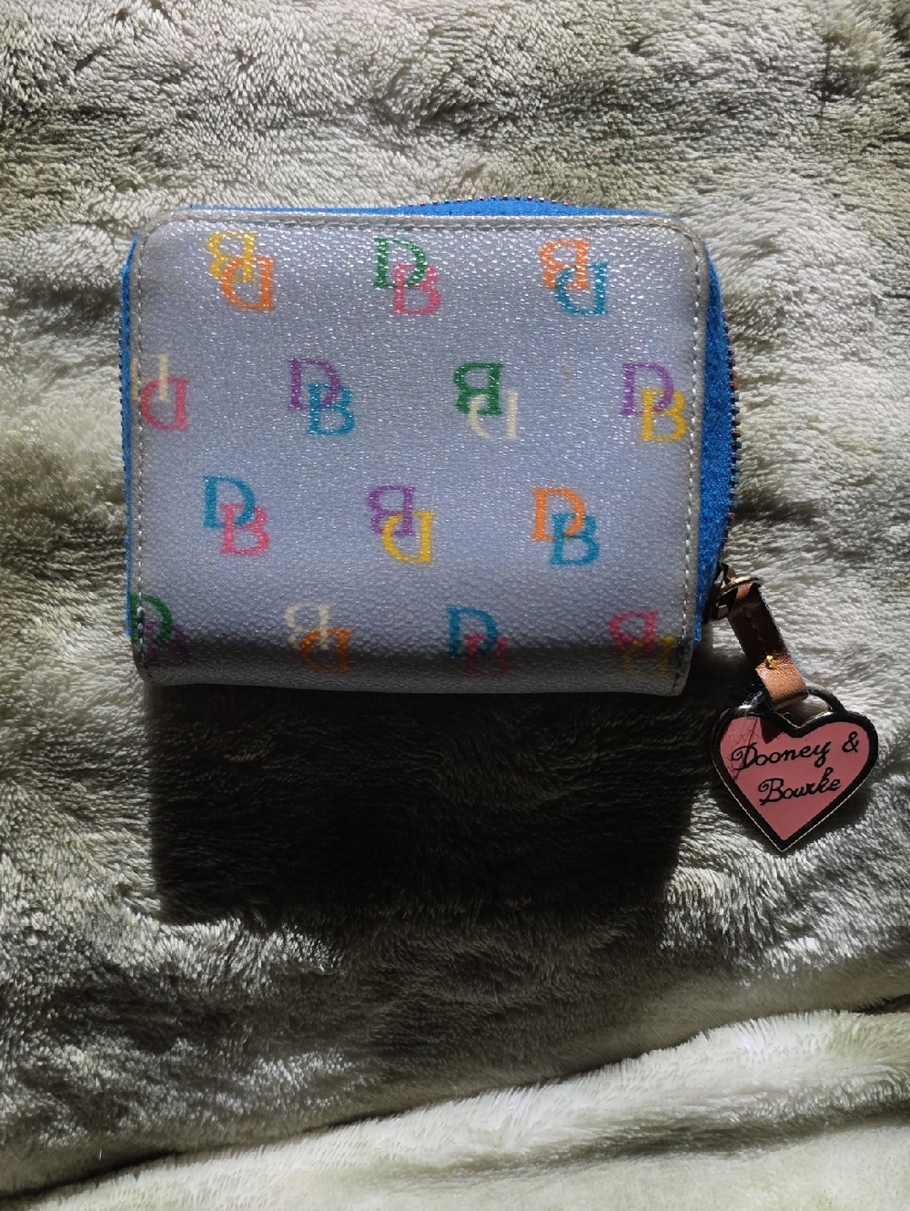Dooney & Bourke White Wallet with Multicolor DB Print and Blue Trim